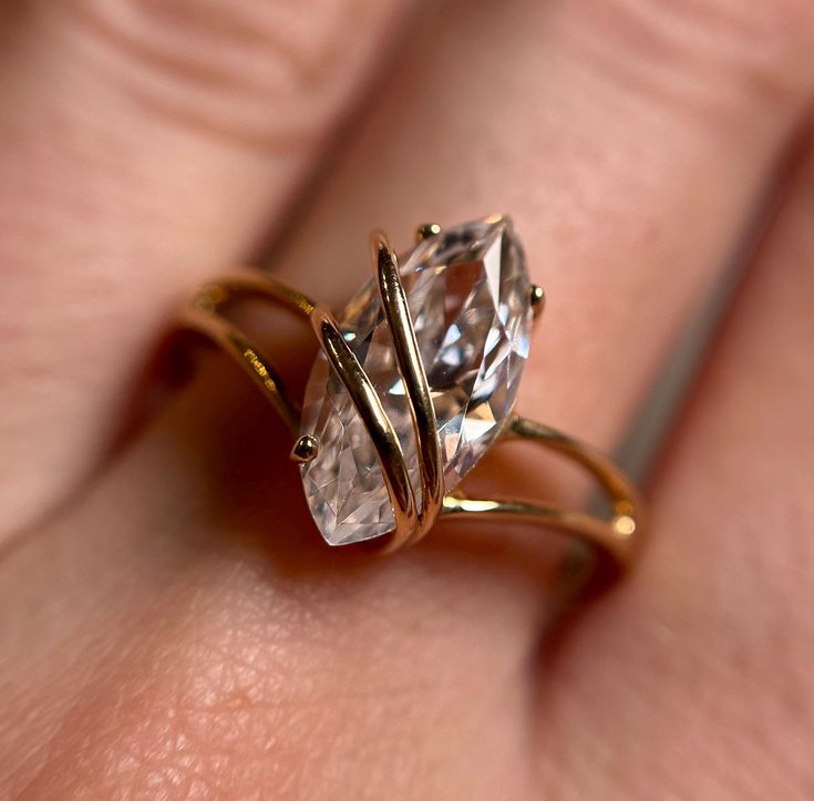 Beautiful Gold Wrapped Ring, Glass Marquise Cut Stone Wrapped in Yellow Gold