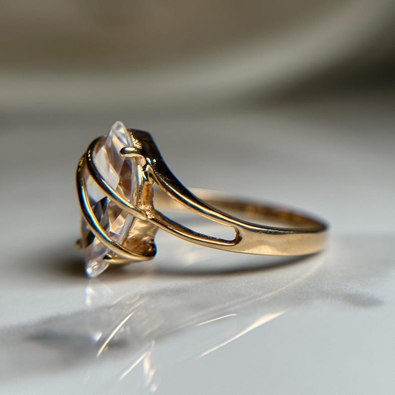 Beautiful Gold Wrapped Ring, Glass Marquise Cut Stone Wrapped in Yellow Gold