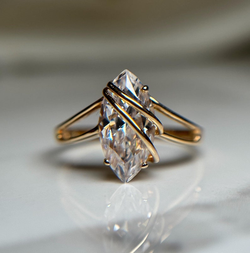 Beautiful Gold Wrapped Ring, Glass Marquise Cut Stone Wrapped in Yellow Gold