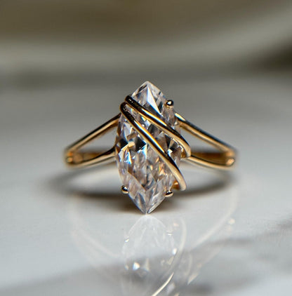 Beautiful Gold Wrapped Ring, Glass Marquise Cut Stone Wrapped in Yellow Gold