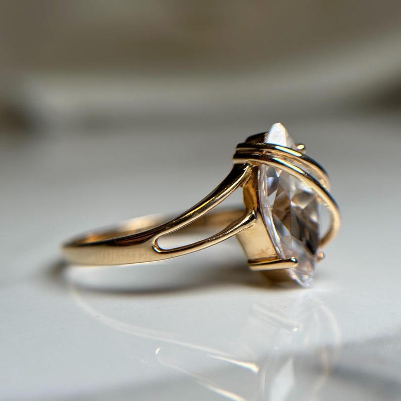 Beautiful Gold Wrapped Ring, Glass Marquise Cut Stone Wrapped in Yellow Gold