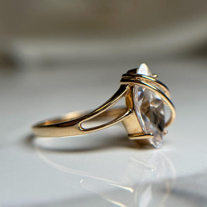 Beautiful Gold Wrapped Ring, Glass Marquise Cut Stone Wrapped in Yellow Gold