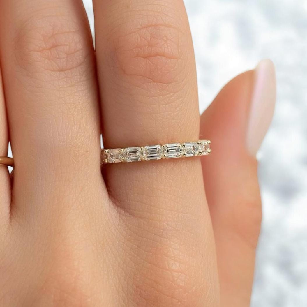 Fully eternity Emerald cut moissanite wedding band 14K Yellow Gold 3 x 2 mm emerald cut
