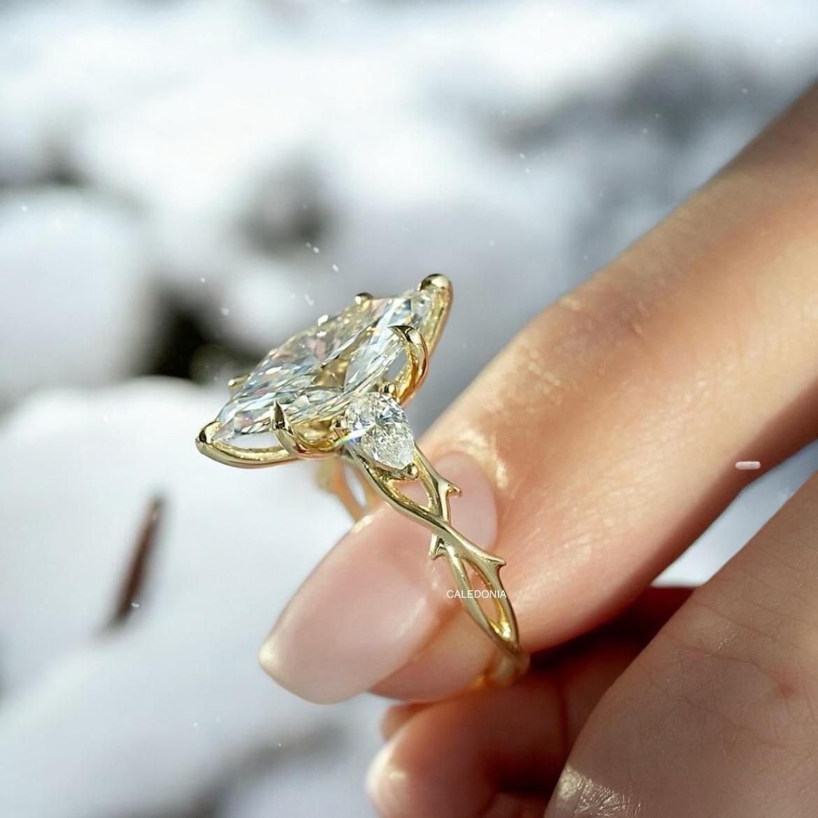Stunning 3 Ct marquise Cut Moissanite Three stone diamond Ring Vintage Art deco Twig Engagement Ring Gift for her wedding ring