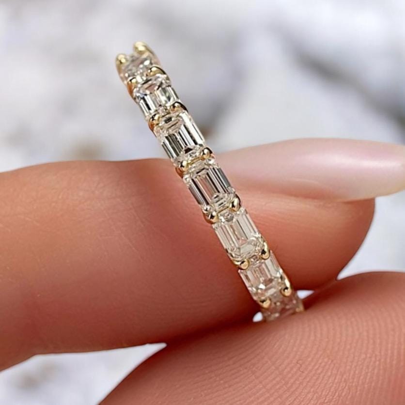 Fully eternity Emerald cut moissanite wedding band 14K Yellow Gold 3 x 2 mm emerald cut