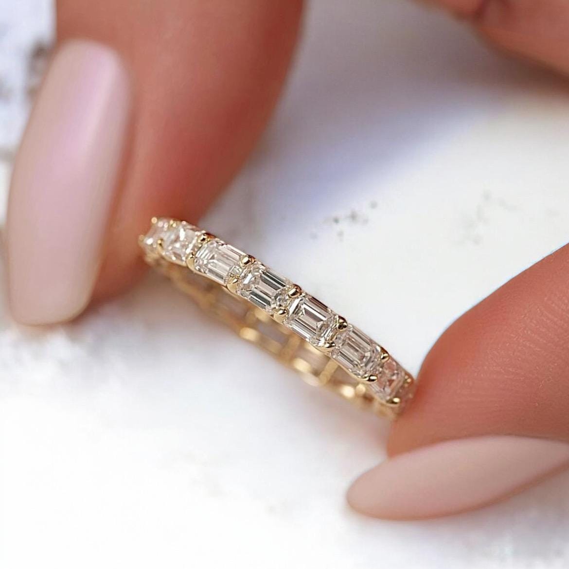 Fully eternity Emerald cut moissanite wedding band 14K Yellow Gold 3 x 2 mm emerald cut