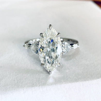 3.0 ct Marquise Cut Moissanite Engagement Ring 14K White Gold