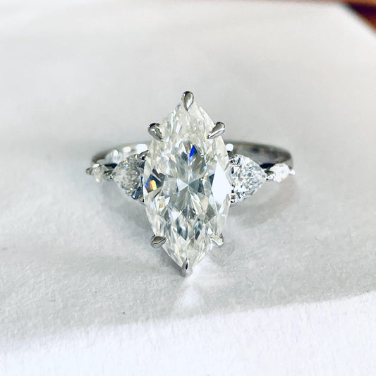 3.0 ct Marquise Cut Moissanite Engagement Ring 14K White Gold