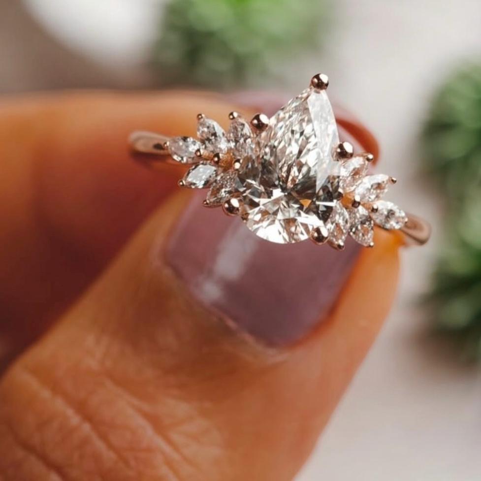 3 ct pear cut Moissanite ring floral engagement ring