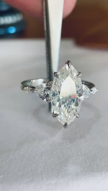 3.0 ct Marquise Cut Moissanite Engagement Ring 14K White Gold