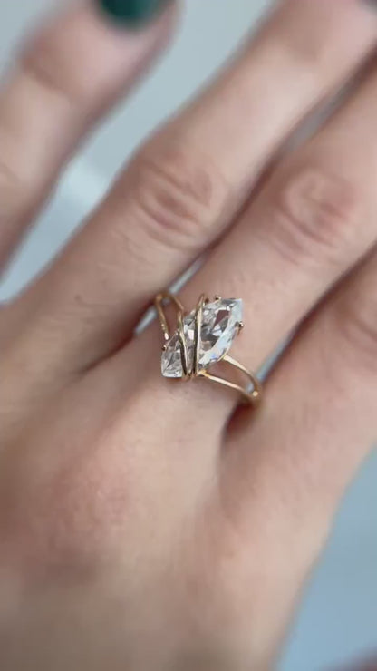 Beautiful Gold Wrapped Ring, Glass Marquise Cut Stone Wrapped in Yellow Gold